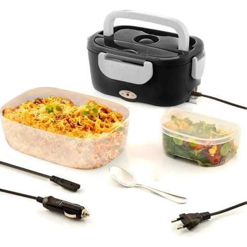 Marmiteira Elétrica Térmica Portátil, Preta, 1,5L, Bivolt 127v/220v, Aquecimento Rápido, com Divisória, Colher, Tampa Vedada, Pote Extra, para Casa e Carro