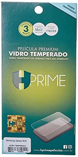 Película de vidro temperado 9H para Samsung Galaxy M20 da HPrime em embalagem verde transparente.
