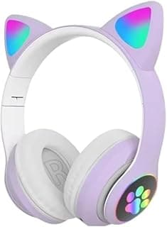Fone de ouvido infantil com orelhas de gatinho e luzes RGB, cor lilás e branco