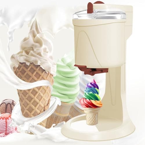 Sorveteira de 1000ml produzindo sorvetes coloridos em cones de waffle