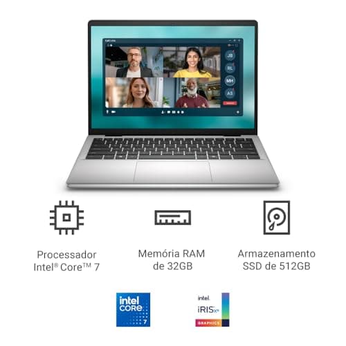 Notebook Dell 14 polegadas FHD+ aberto com interface de videoconferência na tela