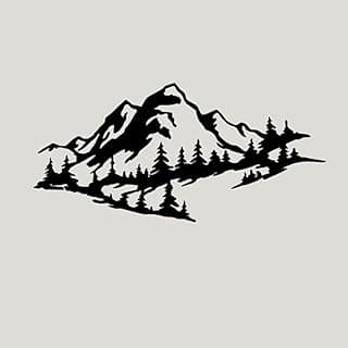 Arte de parede de metal com vista de cordilheira e árvores em preto e branco