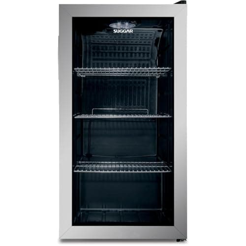 Frigobar Suggar FB8811IX 88 litros inox 110V, porta em vidro, iluminação interna, três prateleiras