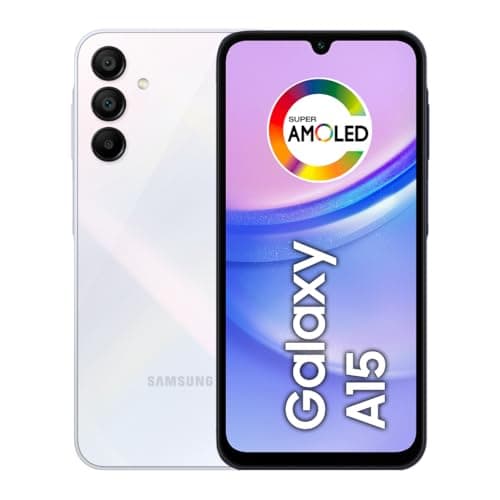 Smartphone Samsung Galaxy A15 4G 128GB azul claro, frente e verso com câmera tripla e tela AMOLED