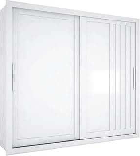Guarda-roupa branco com duas portas de correr e quatro gavetas, design simples e elegante.