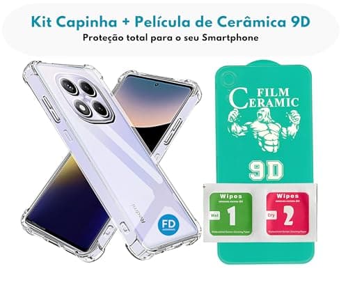 Kit Capa Capinha Anti-Impacto Transparente e Película de Cerâmica 9D para Xiaomi Redmi Note 14 Pro 5G