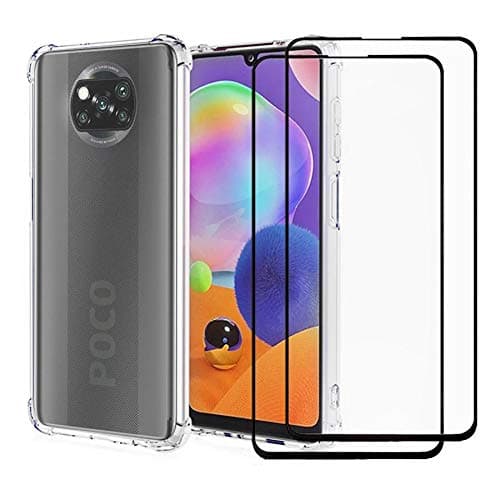Imagem do smartphone Xiaomi Poco X3 Pro com capa anti-impacto transparente e película de vidro temperado