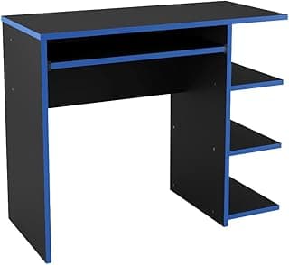 Mesa escuivaninha gamer preta e azul com prateleiras e suporte para CPU