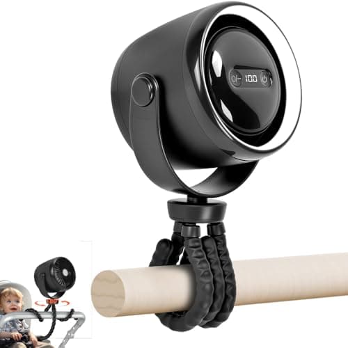Mini ventilador portátil preto com design de polvo, fixado em carrinho de bebê, com display digital e botões de controle.