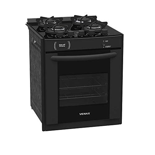 Fogão a gás embutido preto com quatro queimadores e forno Venax modelo Gaudí Prisma Vitreo 4Q