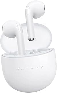 Fone de ouvido sem fio branco com estojo de carregamento frontal