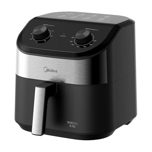 Fritadeira Midea Air Fryer 4,5L com design de dois botões, preto e prata, fundo branco
