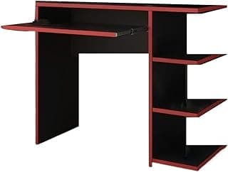 Mesa escuvaninha gamer preto e vermelho com nichos e suporte para CPU