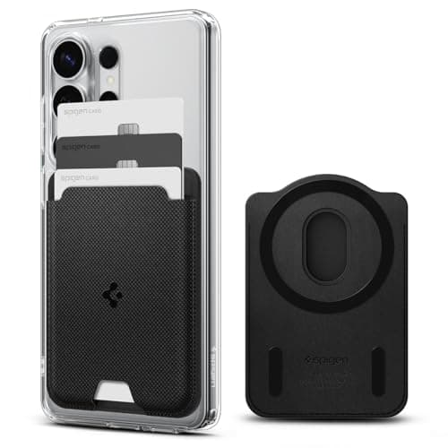 Carteira MagSafe transparente e preta para smartphone com três cartões visíveis