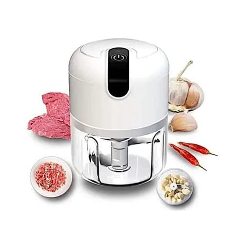 Mini processador de alimentos elétrico branco com três lâminas, ideal para moer carne, alho e pimenta.