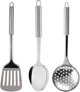 Kit 8 Utensílios de Cozinha em Aço Inox com Espátula, Escumadeira e Colher de Arame