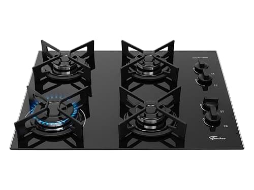 Cooktop a gás Fischer de 4 bocas com mesa de vidro preto e tampa de ferro temperado