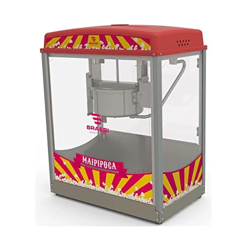 Pipoqueira elétrica Braesi B5802 com estrutura de aço inoxidável e decoração de pipoca.