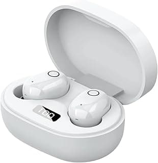 Fones de ouvido Bluetooth 5.0 TWS brancos com display digital e controle touch, em estojo de carregamento aberto