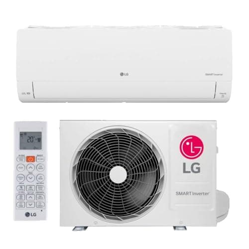 Ar condicionado split LG branco, controle remoto e unidade externa com ventilador preto, fundo branco.