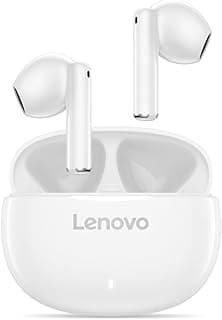 Fones de ouvido sem fio Lenovo E310 brancos em suporte de carregamento
