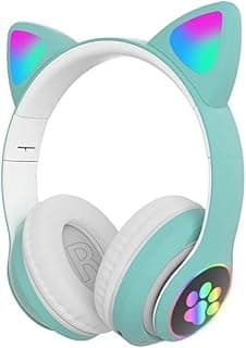 Fone de ouvido infantil com orelhas de gatinho, verde e branco, com luzes RGB.