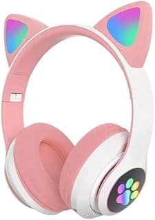 Fone de ouvido Bluetooth rosa e branco com orelhas de gato e luzes LED coloridas