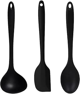 Kit de utensílios de cozinha em silicone preto, espatula, concha e colher, antiaderentes, maleáveis, livres de BPA, 27cm