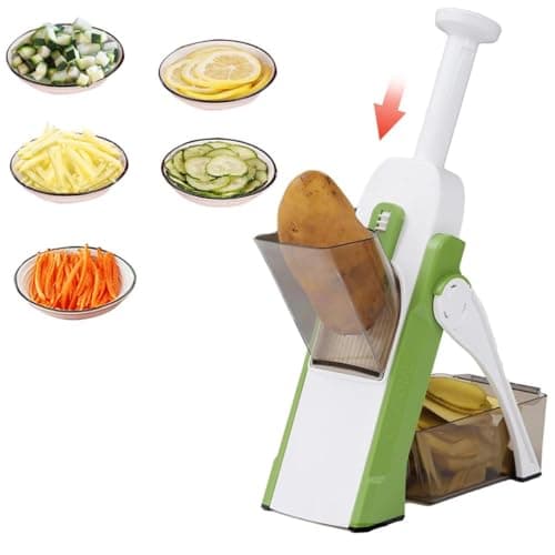 Cortador multifuncional de alimentos com 8 tipos de cortes, mostrando cortes de batata, cenoura e pepino