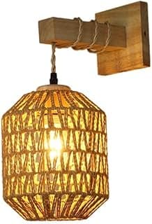 Luminária de parede rústica tecida em rattan, iluminação decorativa natural, base de madeira, amarela