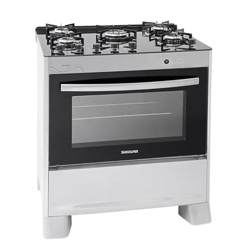 Fogao a gas Suggar Neo Glass Prata com 5 bocas e trempe em vidro, fundo branco