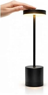 Luminária de mesa LED sem fio preta com design moderno, botão de toque e luz ajustável em três tons.
