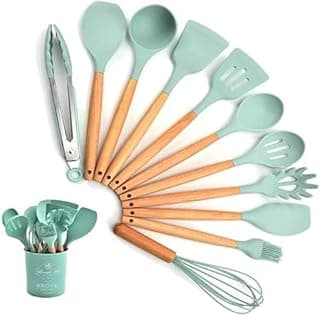 Conjunto de 12 utensílios de cozinha silicone e madeira verde