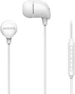 Fone de ouvido intra-auricular Philips branco com microfone e controles de volume no cabo, fundo branco
