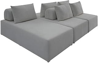 Sofá modular cinza claro com múltiplos módulos e almofadas, configuração de ilha, design moderno e minimalista.