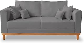Sofá 3 Lugares Retro Sala de Estar Beny Linho Cinza Madeira Prima Deccor