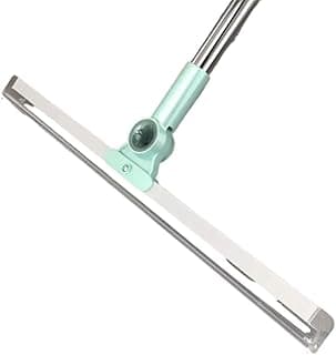 Vassoura mágica de silicone com gancho para limpeza de pisos e vidros, com cabo em metal prateado e detalhes em ciano.