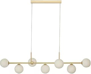 Lustre pendente linear com sete globos de vidro brancos em suporte dourado