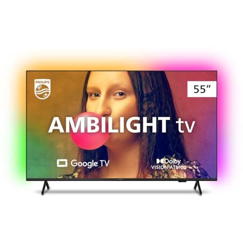 Smart TV Philips Ambilight 55 polegadas 4K com efeito de luz colorida e mulher sorrindo