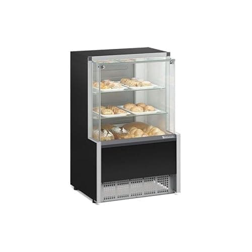 Vitrine de pastelaria preta e prateada com itens de confeitaria visíveis