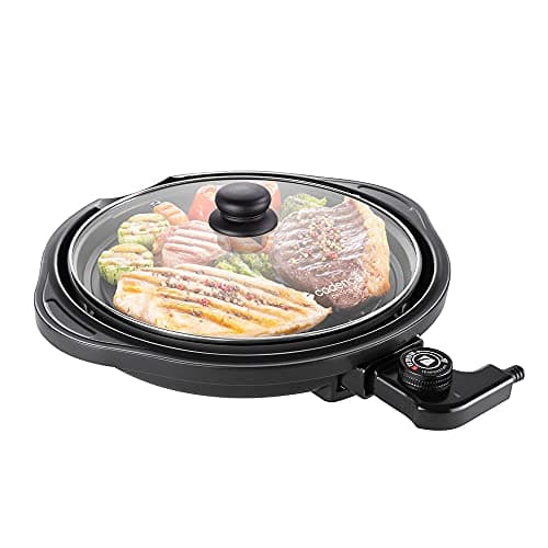 Grill elétrico Cadence Perfect Taste, preto, 110v, com carnes e vegetais grelhados