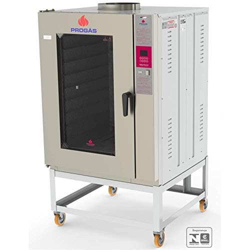 Forno Turbo Progás 10 Esteiras Elétrico Monofásico PRP-10000 Style 220V, cinza e branco, com porta preta, rodas amarelas, logotipo PROGÁS e texto 'AGUA QUENTE'.