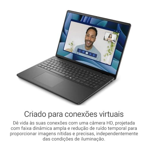 Notebook Dell Inspiron 16 FHD+ Intel Core 5 16GB 1TB SSD Preto aberto com chamada em vídeo.