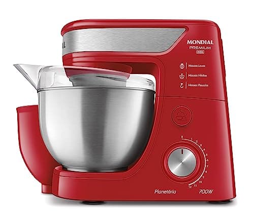 Batedeira planetária Mondial Premium vermelha e inox, 700W, contra fundo branco