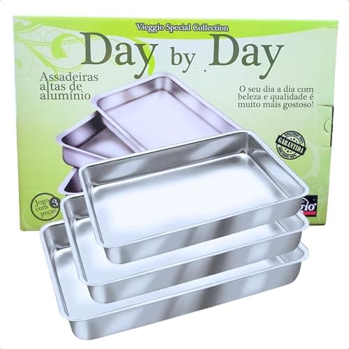 Conjunto Assadeira Forma Alta Retangular Aluminio Polida 3 Peças Vieggio