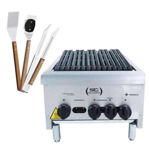 Chapa de grelhar profissional Americana Cgg45 com utensílios, aço inoxidável, fundo branco