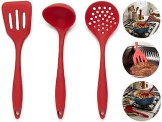 Kit 3 Utensílios de Cozinha em Silicone Vermelho Concha Espátula Escumadeira Premium Resistente até 230°C Não Risca Panela