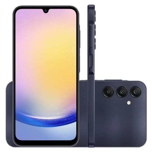 Smartphone Samsung Galaxy A25 5G 256GB em azul escuro, vista frontal e traseira.