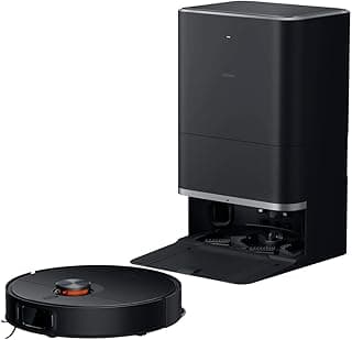 Aspirador de pó robô Xiaomi X20 Max, preto, base aberta, compartimento de poeira visível, fundo branco