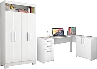 Conjunto de escritório branco com escrivaninha em L e armário multiuso com quatro portas.
